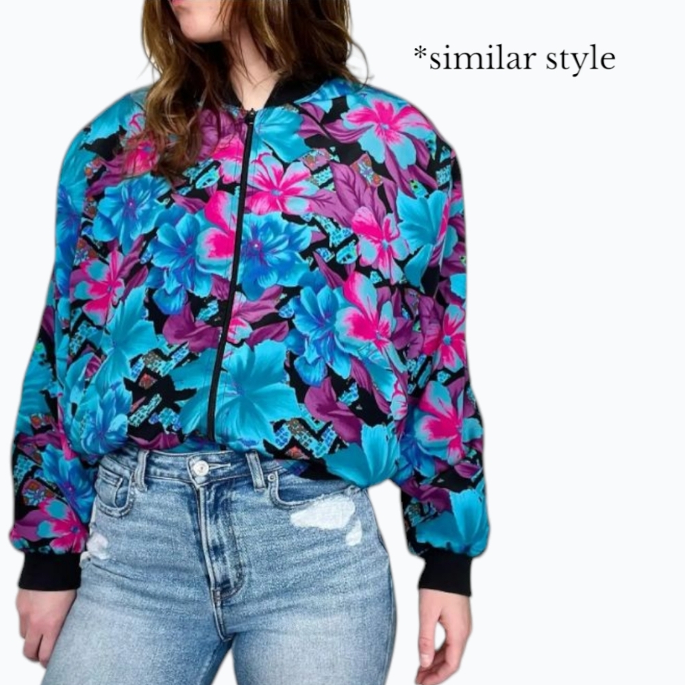 🖤🌺 Vintage Floral Bomber Jacket w/ Ribbed Collar, Cuffs & Hem, S/M